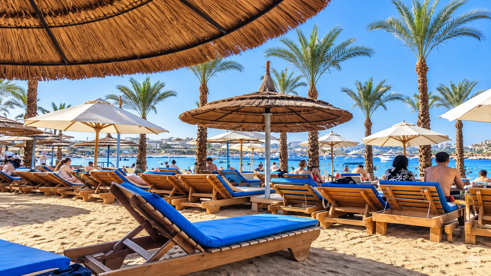 Lettini in legno con cuscini blu sotto ombrelloni di paglia su spiaggia affollata con palme