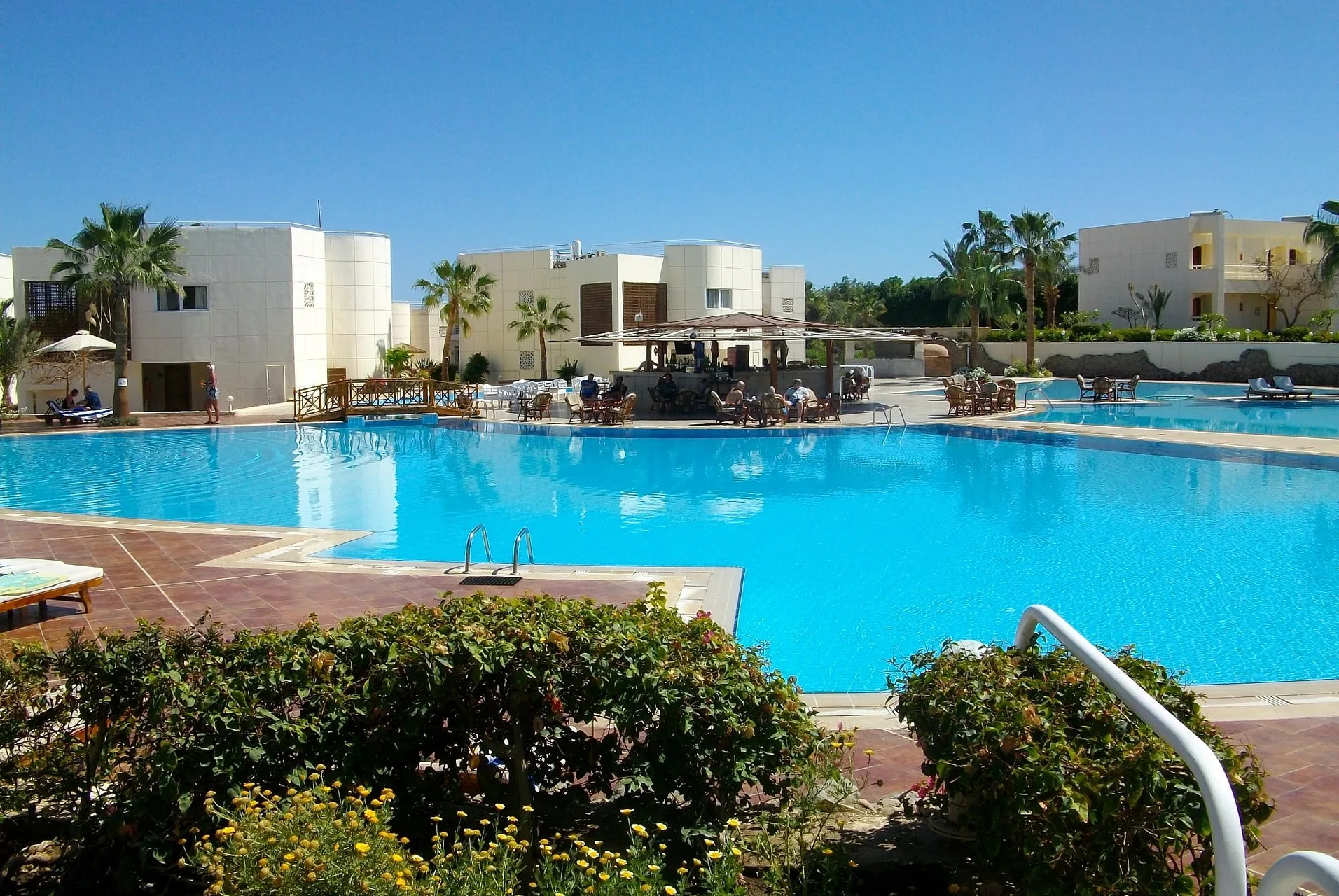 Piscina azzurra con fiori in primo piano e edifici bianchi sullo sfondo